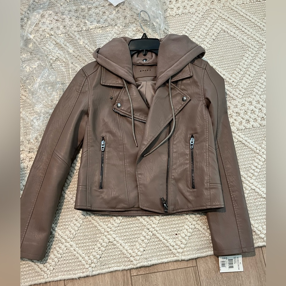 New Blank NYC hooded leather jacket in color mushroom with gunmetal hardware